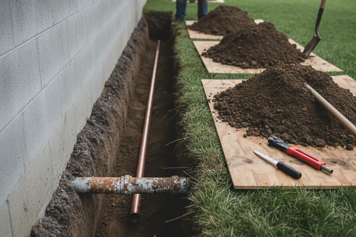 Excavated water line trench during Water Softener Installation in Stokes